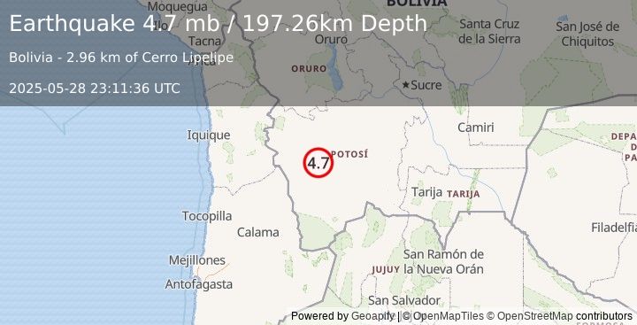 Earthquake 77 km SW of Uyuni, Bolivia (4.7 mb) (2025-05-28 23:11:36 UTC)