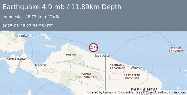 Earthquake 107 km NW of Abepura, Indonesia (4.9 mb) (2025-05-28 23:36:26 UTC)