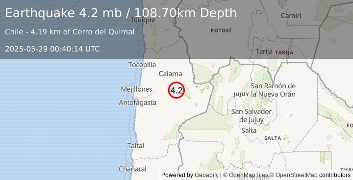 Earthquake 53 km WSW of San Pedro de Atacama, Chile (4.2 mb) (2025-05-29 00:40:14 UTC)