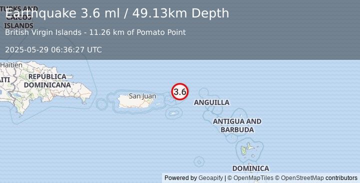 Earthquake 49 km NE of Cruz Bay, U.S. Virgin Islands (3.6 ml) (2025-05-29 06:36:27 UTC)