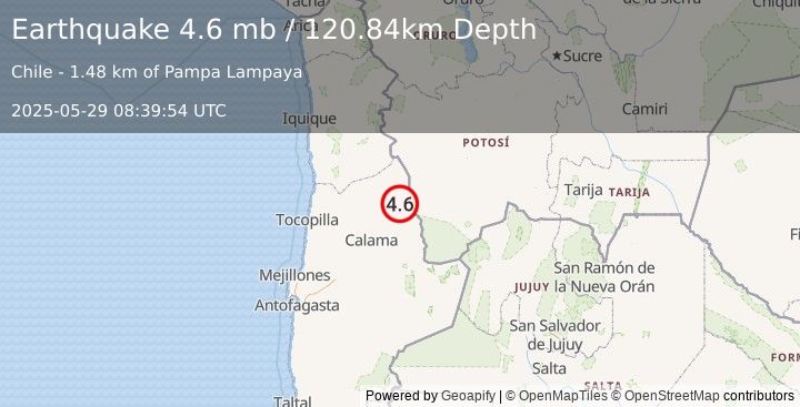 Earthquake 64 km S of Ollagüe, Chile (4.6 mb) (2025-05-29 08:39:54 UTC)