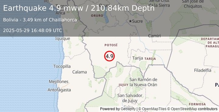 Earthquake 76 km SW of Atocha, Bolivia (4.9 mww) (2025-05-29 16:48:09 UTC)