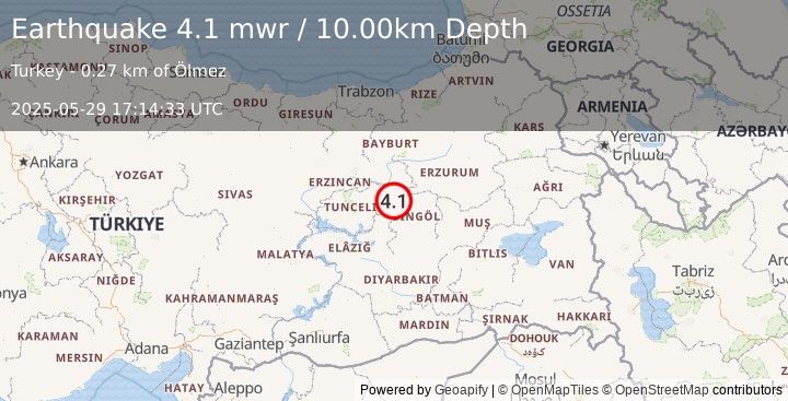 Earthquake 21 km ENE of Yayladere, Turkey (4.1 mwr) (2025-05-29 17:14:33 UTC)