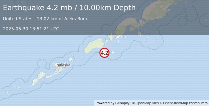 Earthquake 50 km S of False Pass, Alaska (4.2 mb) (2025-05-30 13:51:21 UTC)