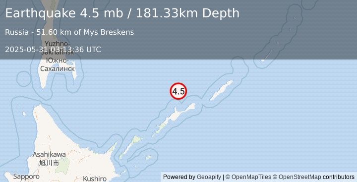 Earthquake 75 km NNE of Kuril’sk, Russia (4.5 mb) (2025-05-31 03:13:36 UTC)