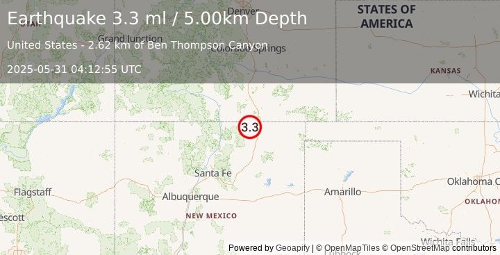 Earthquake 30 km WSW of Raton, New Mexico (3.3 ml) (2025-05-31 04:12:55 UTC)