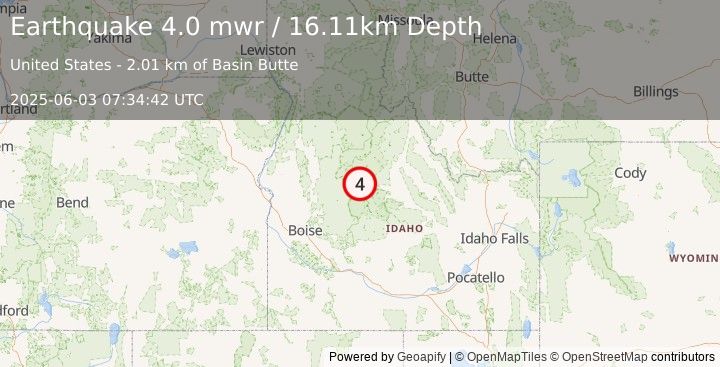Earthquake 15 km NNW of Stanley, Idaho (4.0 mwr) (2025-06-03 07:34:42 UTC)