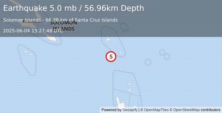 Earthquake 137 km SSE of Lata, Solomon Islands (5.0 mb) (2025-06-04 15:27:48 UTC)