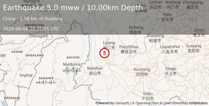 Earthquake 23 km NNW of Zibihu, China (5.0 mww) (2025-06-04 20:31:55 UTC)