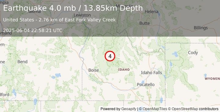 Earthquake 15 km NNW of Stanley, Idaho (4.0 mb) (2025-06-04 22:58:21 UTC)