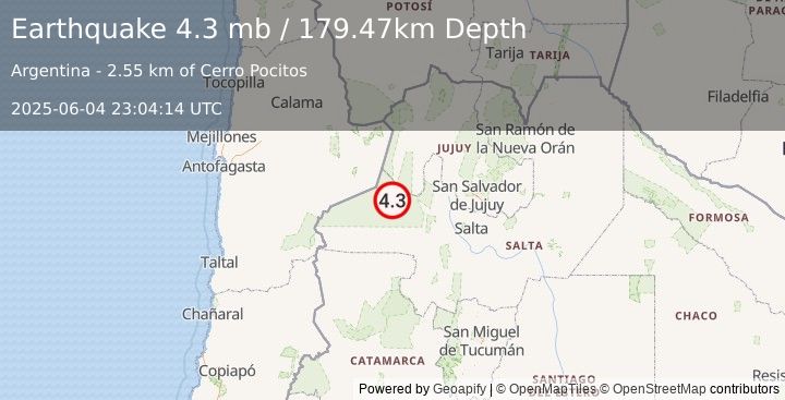Earthquake 69 km W of San Antonio de los Cobres, Argentina (4.3 mb) (2025-06-04 23:04:14 UTC)