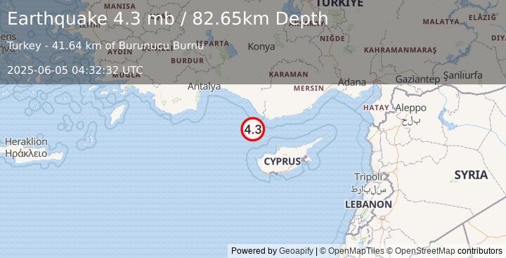 Earthquake 52 km S of Gazipaşa, Turkey (4.3 mb) (2025-06-05 04:32:32 UTC)