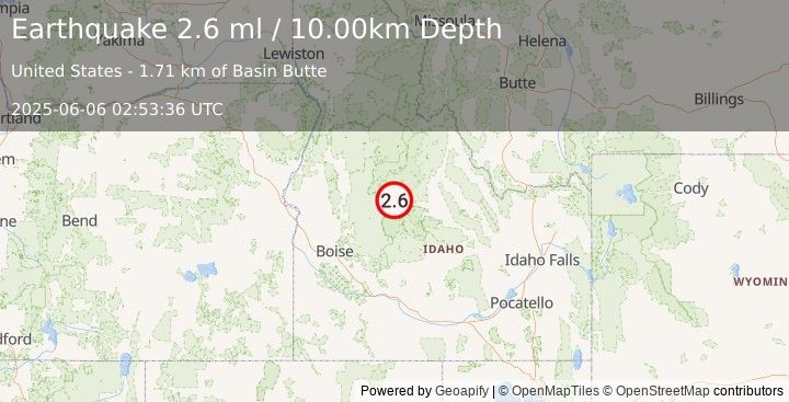Earthquake 13 km NNW of Stanley, Idaho (2.6 ml) (2025-06-06 02:53:36 UTC)