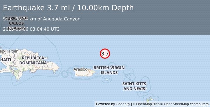 Earthquake 137 km N of Charlotte Amalie, U.S. Virgin Islands (3.7 ml) (2025-06-06 03:04:40 UTC)
