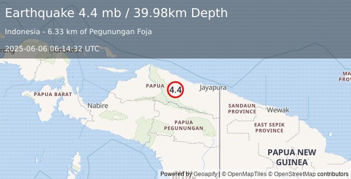 Earthquake 180 km W of Abepura, Indonesia (4.4 mb) (2025-06-06 06:14:32 UTC)