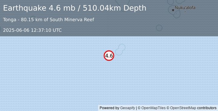 Earthquake south of the Fiji Islands (4.6 mb) (2025-06-06 12:37:10 UTC)