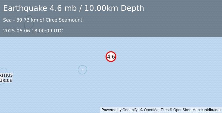 Earthquake 230 km ENE of Port Mathurin, Mauritius (4.6 mb) (2025-06-06 18:00:09 UTC)