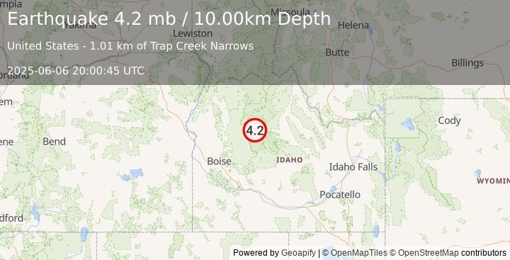 Earthquake 15 km NW of Stanley, Idaho (4.2 mb) (2025-06-06 20:00:45 UTC)