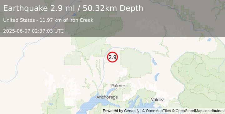 Earthquake 32 km ENE of Chase, Alaska (2.9 ml) (2025-06-07 02:37:03 UTC)