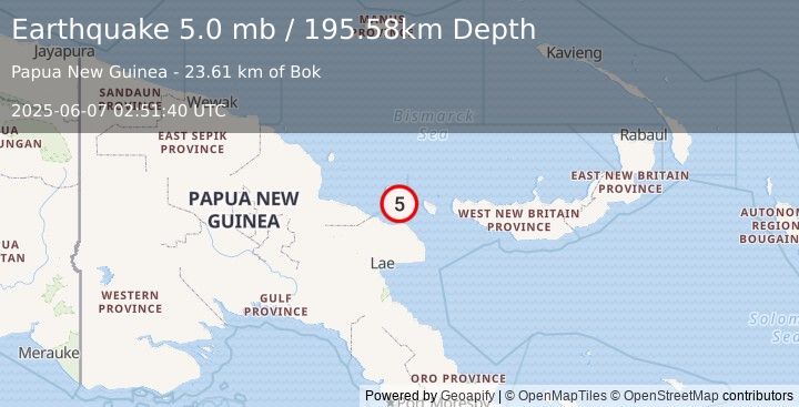 Earthquake 123 km NNW of Finschhafen, Papua New Guinea (5.0 mb) (2025-06-07 02:51:40 UTC)