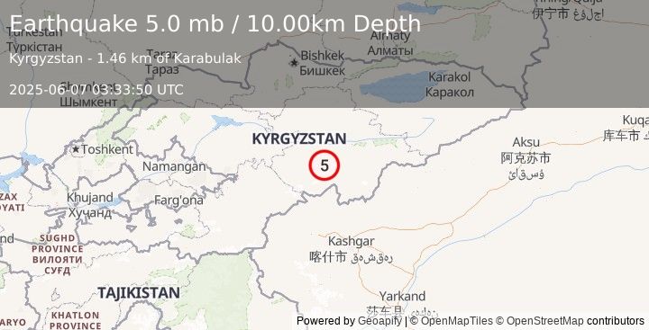Earthquake 42 km WSW of At-Bashi, Kyrgyzstan (5.0 mb) (2025-06-07 03:33:50 UTC)