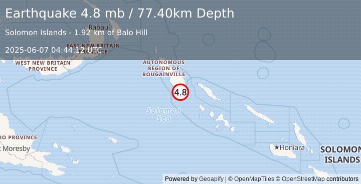 Earthquake 83 km SSE of Panguna, Papua New Guinea (4.8 mb) (2025-06-07 04:44:12 UTC)