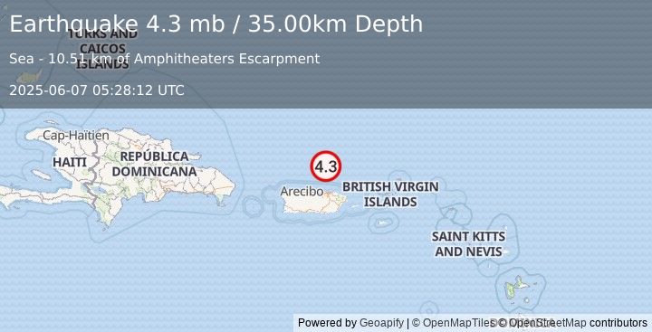 Earthquake 64 km N of San Juan, Puerto Rico (4.3 mb) (2025-06-07 05:28:12 UTC)
