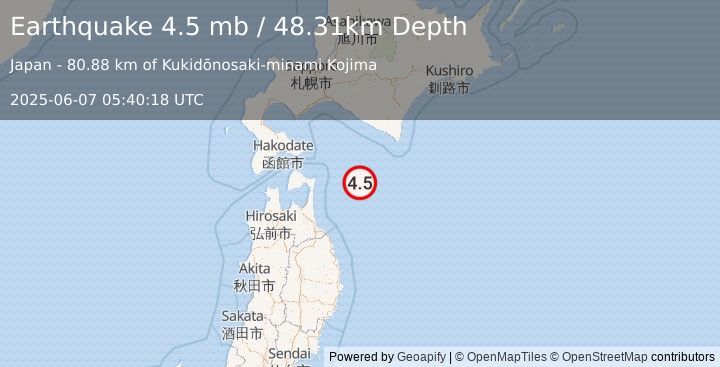 Earthquake 100 km ENE of Yokohama, Japan (4.5 mb) (2025-06-07 05:40:18 UTC)