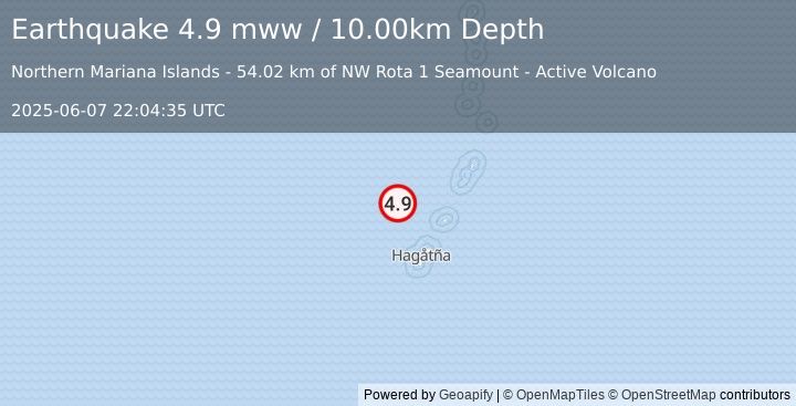Earthquake 120 km NNW of Asan-Maina Village, Guam (4.9 mww) (2025-06-07 22:04:35 UTC)