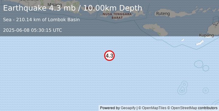 Earthquake South of Lombok, Indonesia (4.3 mb) (2025-06-08 05:30:15 UTC)