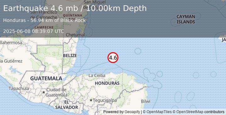 Earthquake 62 km NNE of Savannah Bight, Honduras (4.6 mb) (2025-06-08 08:39:07 UTC)