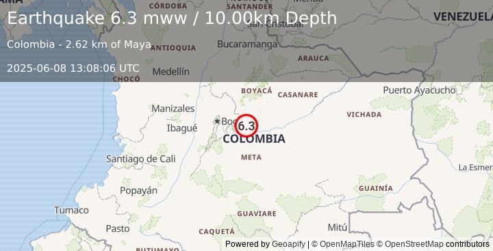 Earthquake 12 km NNE of Paratebueno, Colombia (6.3 mww) (2025-06-08 13:08:05 UTC)