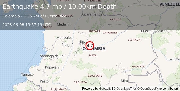 Earthquake 5 km WSW of Paratebueno, Colombia (4.7 mb) (2025-06-08 13:37:19 UTC)