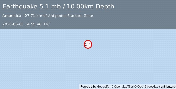 Earthquake Pacific-Antarctic Ridge (5.1 mb) (2025-06-08 14:55:46 UTC)