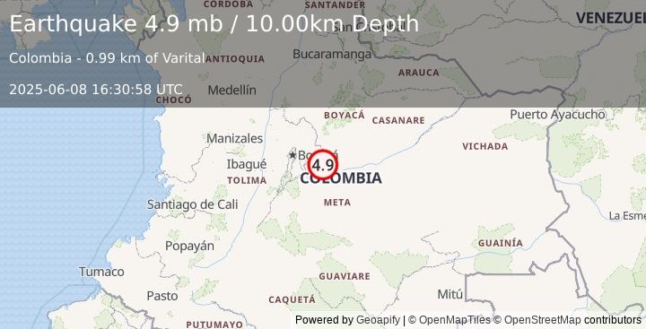 Earthquake 9 km S of Medina, Colombia (4.9 mb) (2025-06-08 16:30:58 UTC)