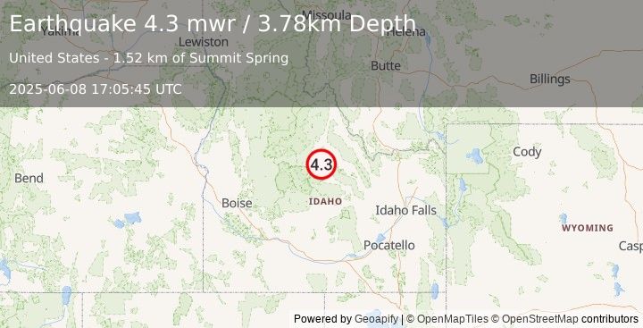 Earthquake 25 km E of Clayton, Idaho (4.3 mwr) (2025-06-08 17:05:46 UTC)