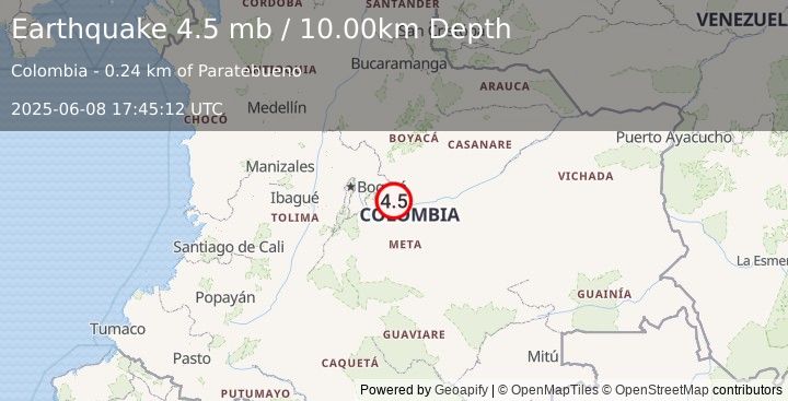 Earthquake 0 km WNW of Paratebueno, Colombia (4.5 mb) (2025-06-08 17:45:12 UTC)