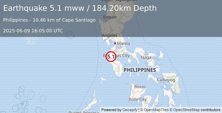 Earthquake 18 km SSE of Calatagan, Philippines (5.1 mww) (2025-06-09 16:05:00 UTC)