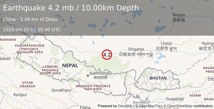 Earthquake 125 km N of Lobuche, Nepal (4.2 mb) (2025-06-10 02:05:40 UTC)