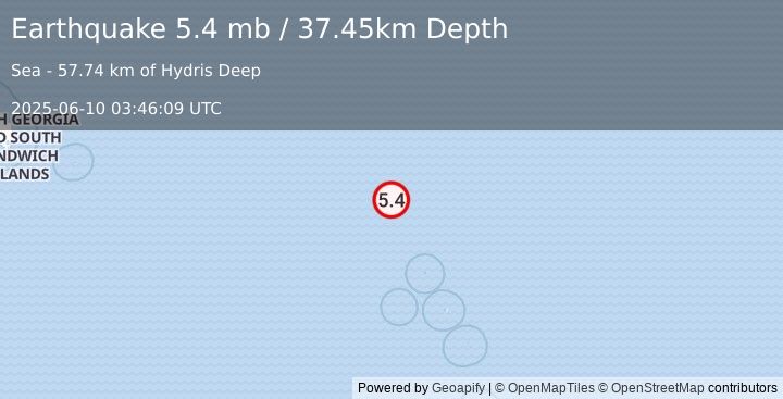 Earthquake South Sandwich Islands region (5.4 mb) (2025-06-10 03:46:09 UTC)