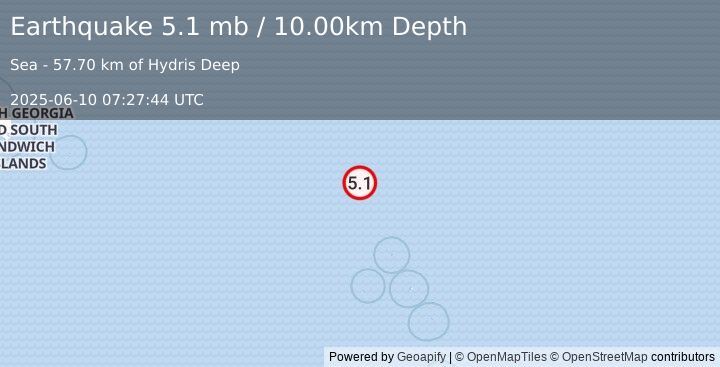Earthquake South Sandwich Islands region (5.1 mb) (2025-06-10 07:27:44 UTC)