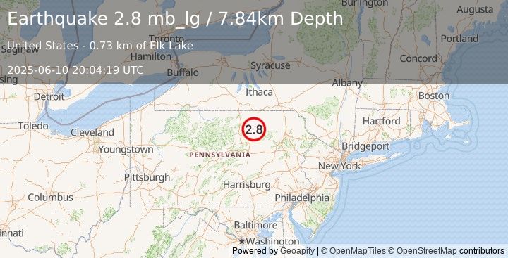 Earthquake 10 km NNW of Forksville, Pennsylvania (2.8 mb_lg) (2025-06-10 20:04:19 UTC)