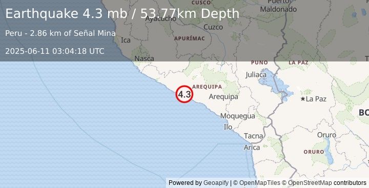 Earthquake 30 km S of Urasqui, Peru (4.3 mb) (2025-06-11 03:04:18 UTC)