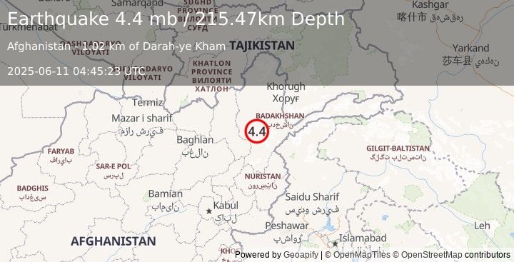 Earthquake 40 km SSW of Jurm, Afghanistan (4.4 mb) (2025-06-11 04:45:23 UTC)