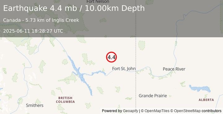 Earthquake 73 km NW of Fort St. John, Canada (4.4 mb) (2025-06-11 18:28:27 UTC)