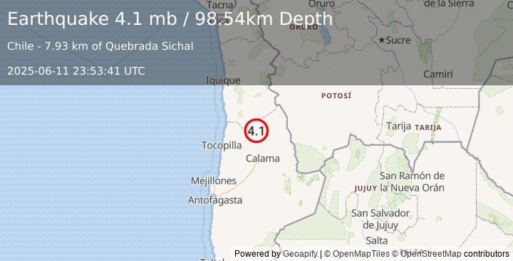 Earthquake 89 km NNW of Calama, Chile (4.1 mb) (2025-06-11 23:53:41 UTC)