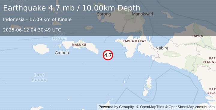 Earthquake 134 km SW of Fakfak, Indonesia (4.7 mb) (2025-06-12 04:30:49 UTC)