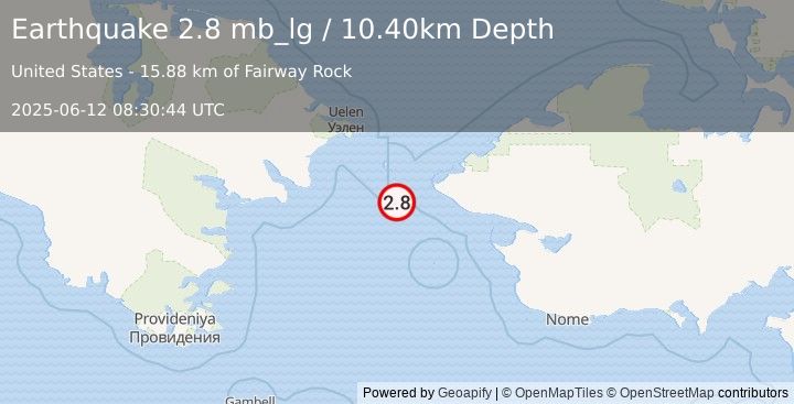 Earthquake 31 km SSE of Diomede, Alaska (2.8 mb_lg) (2025-06-12 08:30:44 UTC)