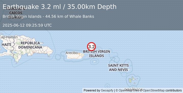 Earthquake 71 km N of Charlotte Amalie, U.S. Virgin Islands (3.2 ml) (2025-06-12 09:25:59 UTC)