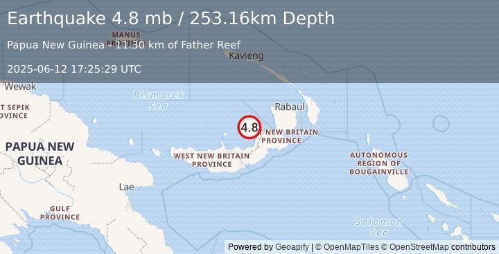 Earthquake 114 km NE of Kimbe, Papua New Guinea (4.8 mb) (2025-06-12 17:25:29 UTC)